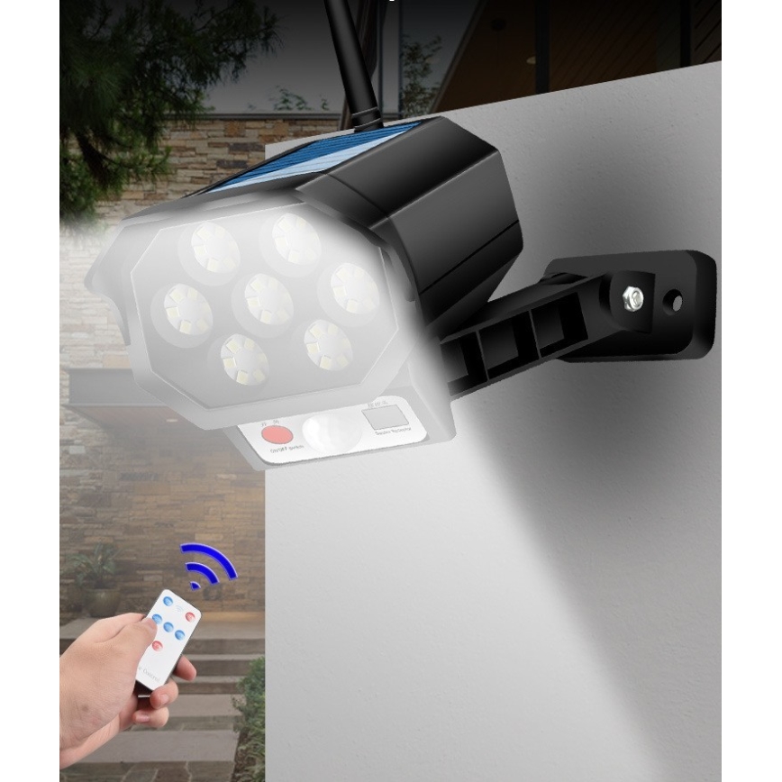 LED maketa bezpečnostnej kamery so senzorom a solárnym panelom LED/5W/5,5V 800 mAh IP65 + diaľkové ovládanie