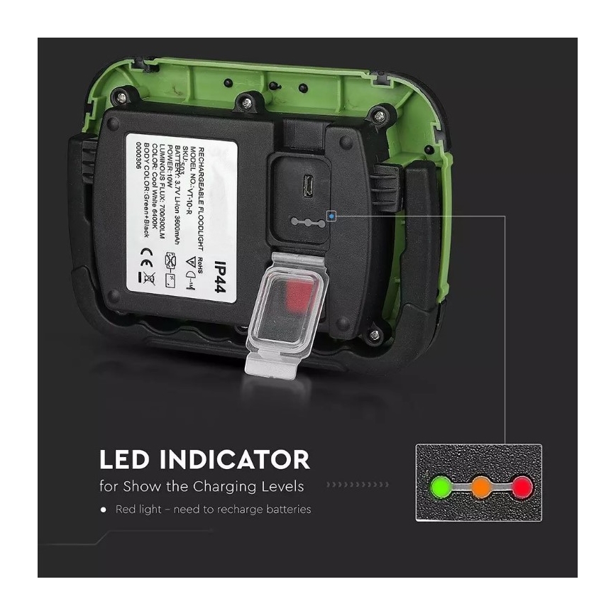 LED Nabíjací reflektor SAMSUNG CHIP LED/10W/3,7V IP44 4000K zelená