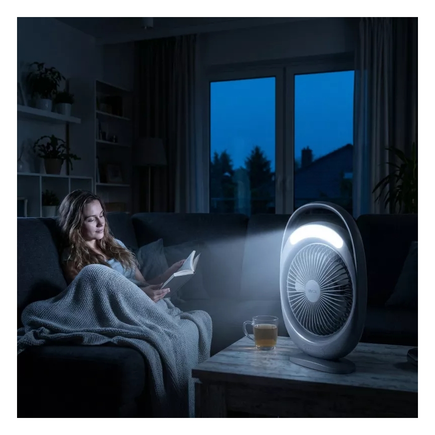 LED Nabíjací stolný ventilátor s LED osvetlením LED/2,8W/5V USB 2400 mAh sivý