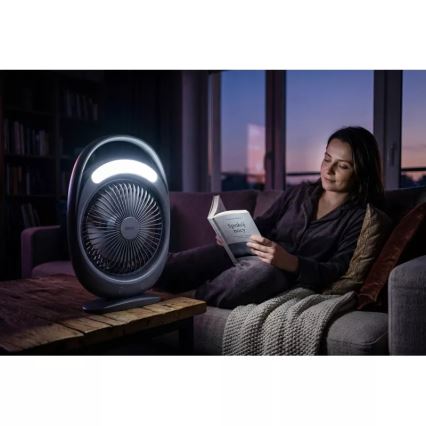 LED Nabíjací stolný ventilátor s LED osvetlením LED/2,8W/5V USB 2400 mAh sivý