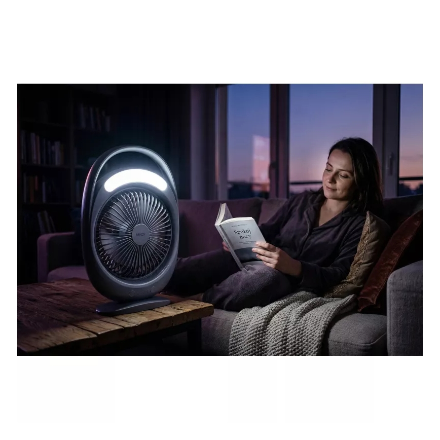 LED Nabíjací stolný ventilátor s LED osvetlením LED/2,8W/5V USB 2400 mAh sivý