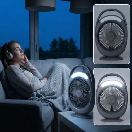 LED Nabíjací stolný ventilátor s LED osvetlením LED/2,8W/5V USB 2400 mAh sivý