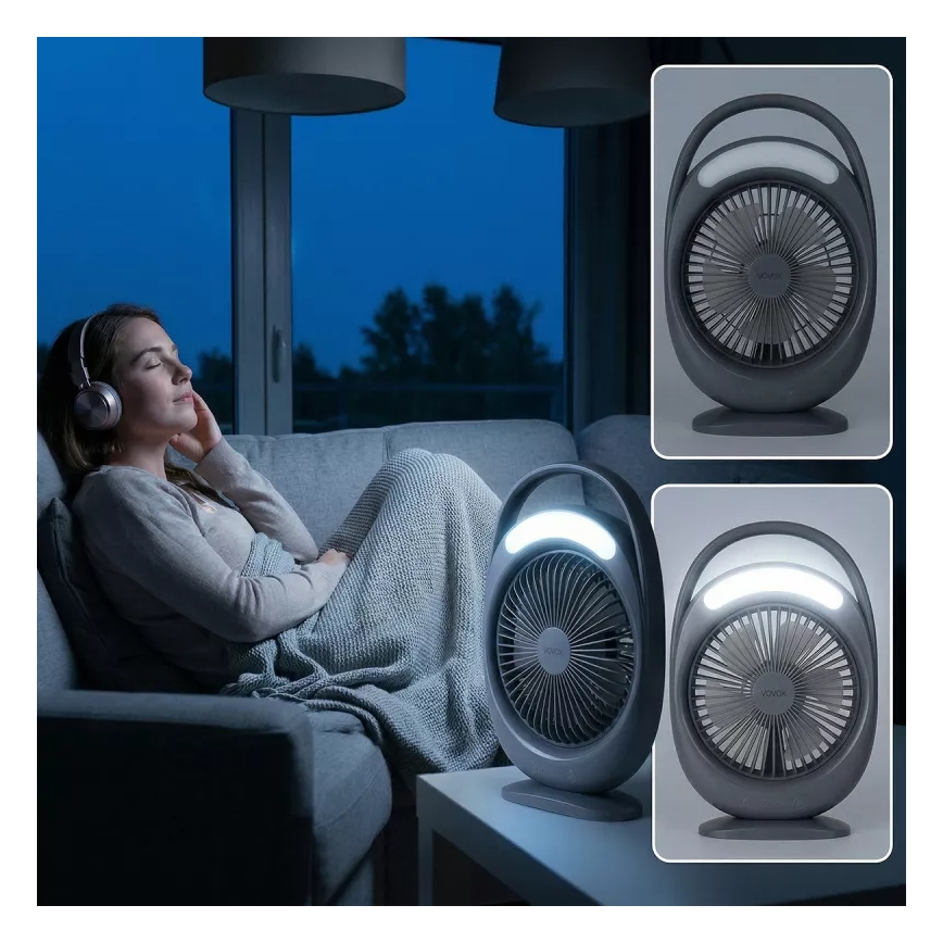 LED Nabíjací stolný ventilátor s LED osvetlením LED/2,8W/5V USB 2400 mAh sivý