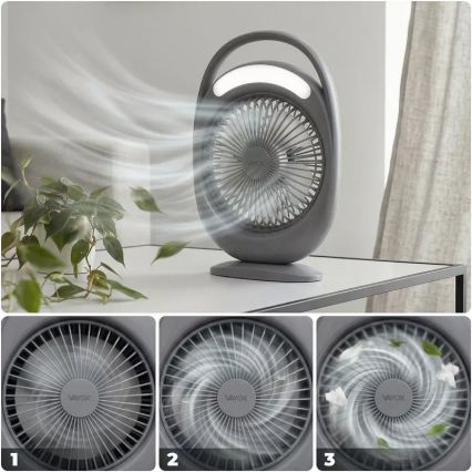 LED Nabíjací stolný ventilátor s LED osvetlením LED/2,8W/5V USB 2400 mAh sivý