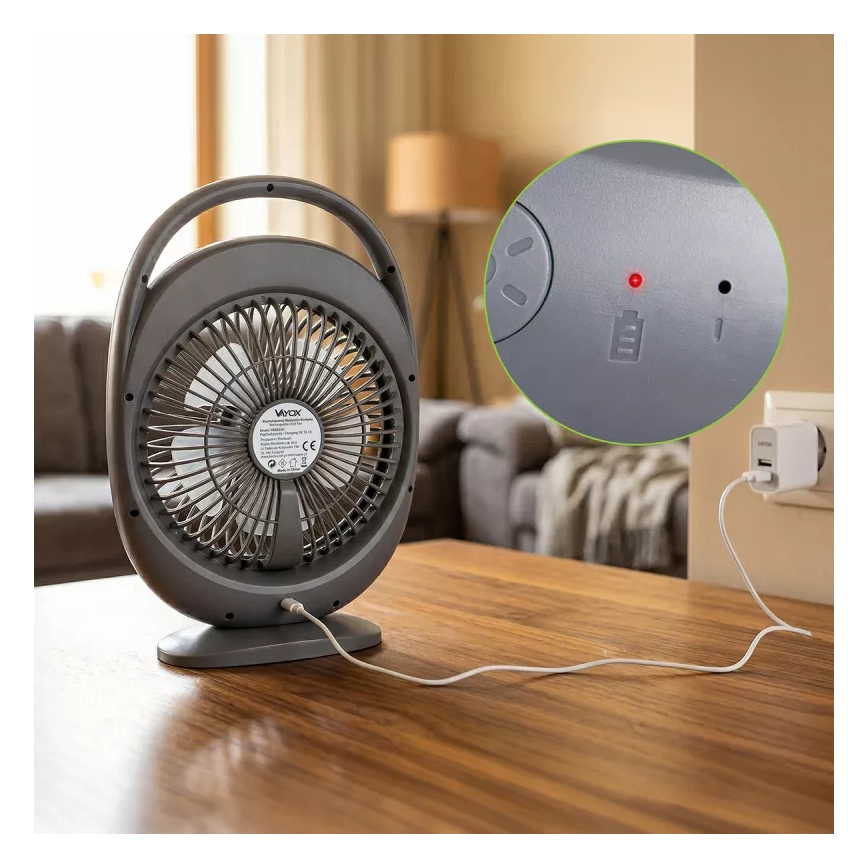 LED Nabíjací stolný ventilátor s LED osvetlením LED/2,8W/5V USB 2400 mAh sivý