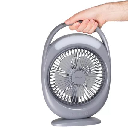 LED Nabíjací stolný ventilátor s LED osvetlením LED/2,8W/5V USB 2400 mAh sivý