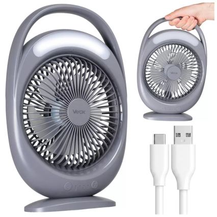 LED Nabíjací stolný ventilátor s LED osvetlením LED/2,8W/5V USB 2400 mAh sivý