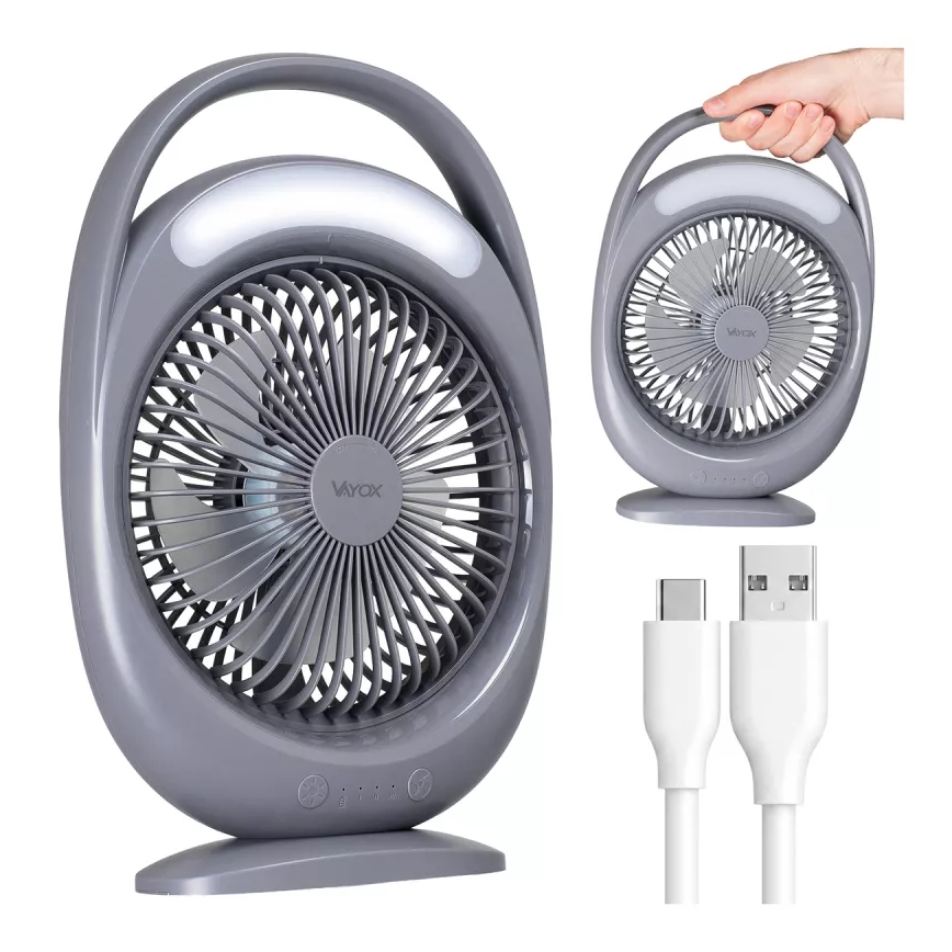LED Nabíjací stolný ventilátor s LED osvetlením LED/2,8W/5V USB 2400 mAh sivý