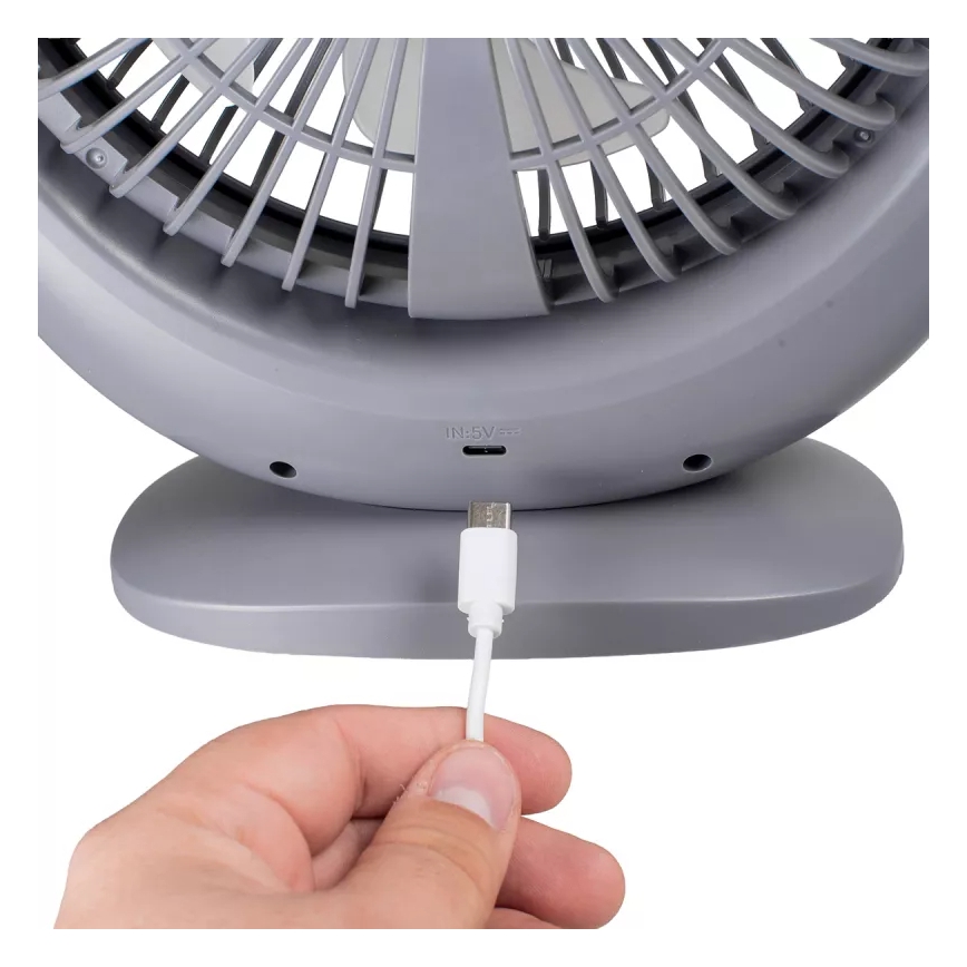 LED Nabíjací stolný ventilátor s LED osvetlením LED/2,8W/5V USB 2400 mAh sivý