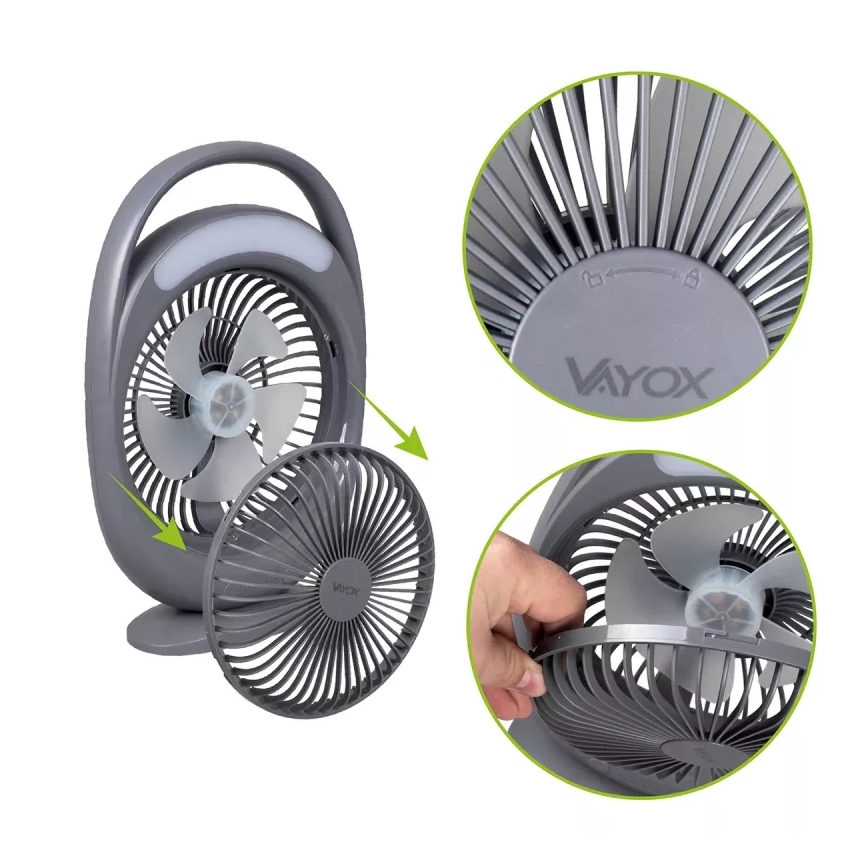 LED Nabíjací stolný ventilátor s LED osvetlením LED/2,8W/5V USB 2400 mAh sivý