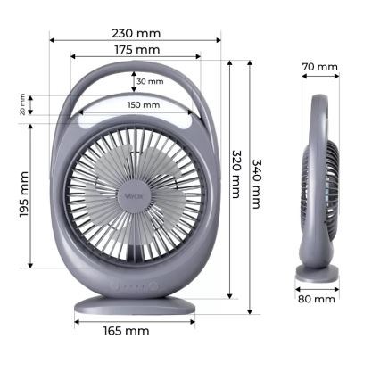 LED Nabíjací stolný ventilátor s LED osvetlením LED/2,8W/5V USB 2400 mAh sivý