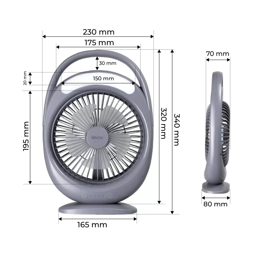 LED Nabíjací stolný ventilátor s LED osvetlením LED/2,8W/5V USB 2400 mAh sivý
