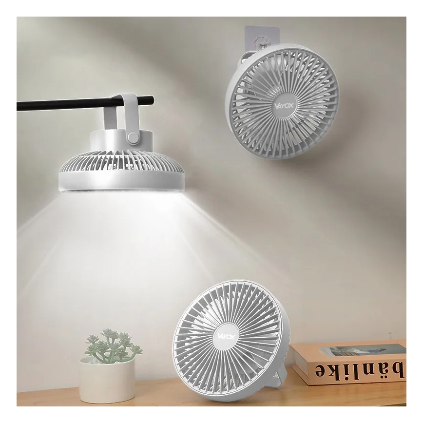 LED Nabíjací stolný ventilátor s LED osvetlením LED/2W/5V USB 2400 mAh biela