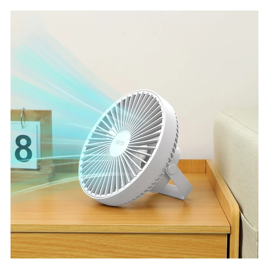 LED Nabíjací stolný ventilátor s LED osvetlením LED/2W/5V USB 2400 mAh biela