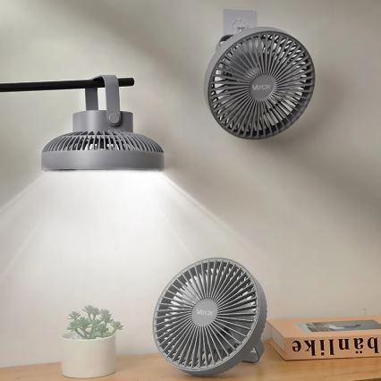 LED Nabíjací stolný ventilátor s LED osvetlením LED/2W/5V USB 2400 mAh šedá