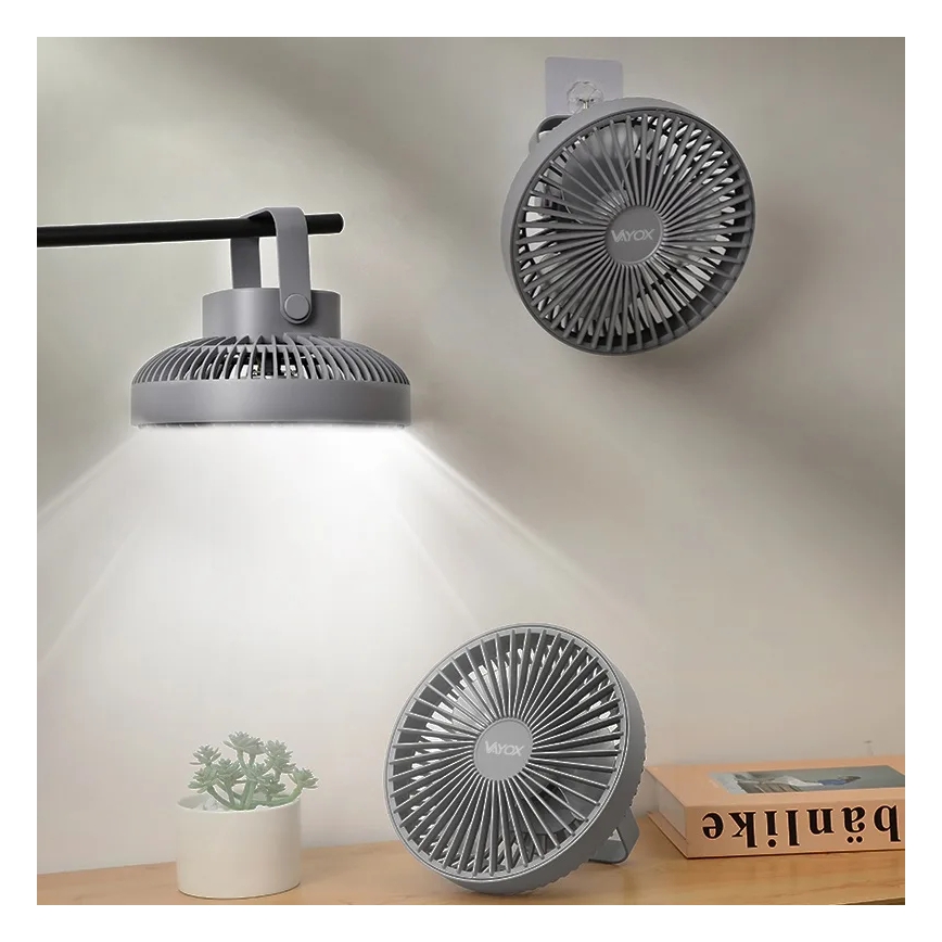 LED Nabíjací stolný ventilátor s LED osvetlením LED/2W/5V USB 2400 mAh šedá