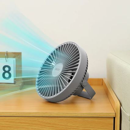LED Nabíjací stolný ventilátor s LED osvetlením LED/2W/5V USB 2400 mAh šedá