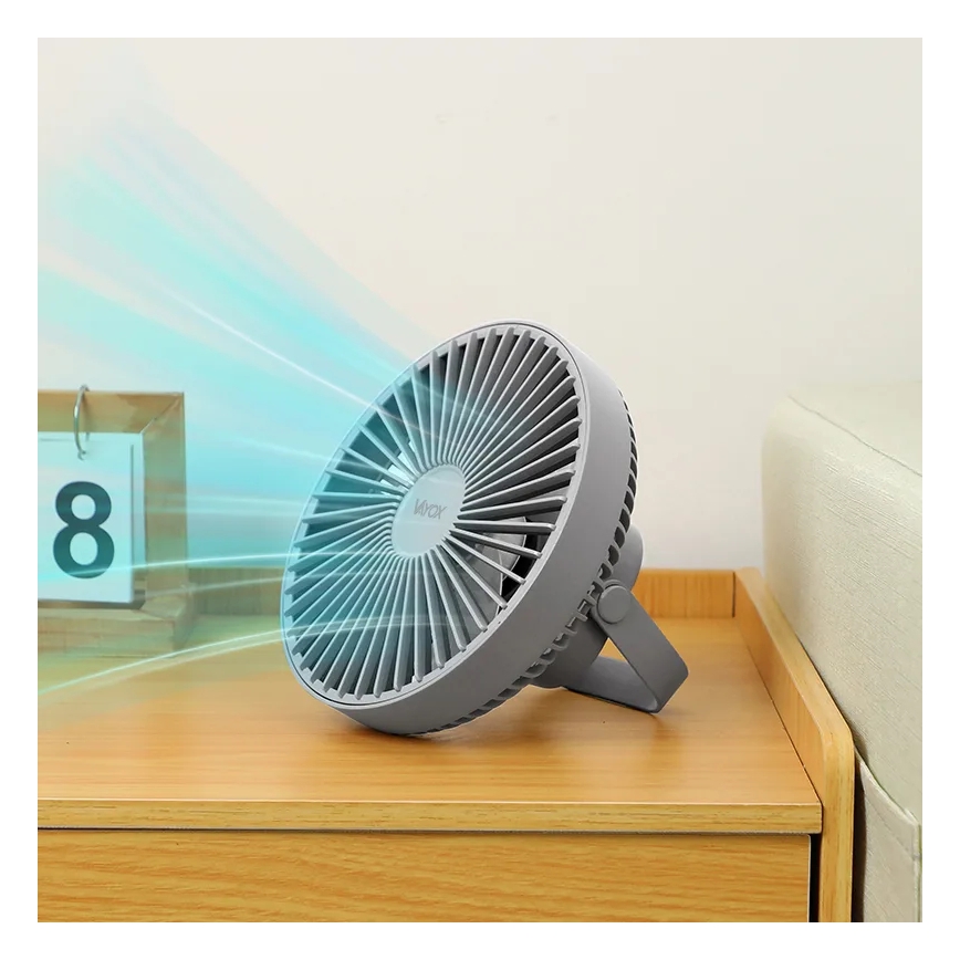 LED Nabíjací stolný ventilátor s LED osvetlením LED/2W/5V USB 2400 mAh šedá