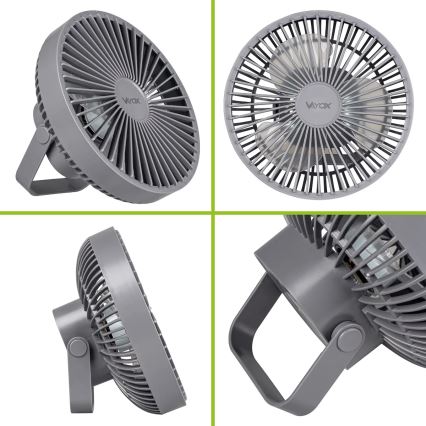 LED Nabíjací stolný ventilátor s LED osvetlením LED/2W/5V USB 2400 mAh šedá