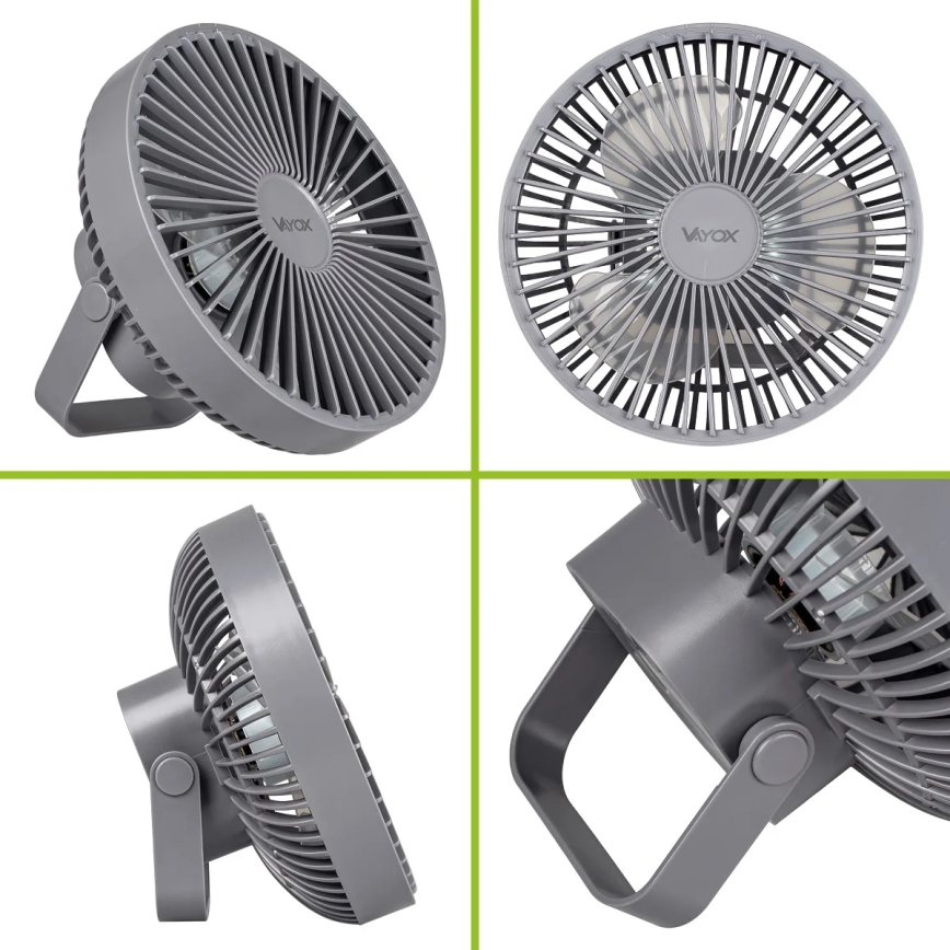 LED Nabíjací stolný ventilátor s LED osvetlením LED/2W/5V USB 2400 mAh šedá