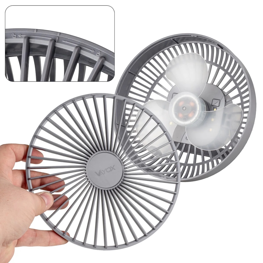 LED Nabíjací stolný ventilátor s LED osvetlením LED/2W/5V USB 2400 mAh šedá