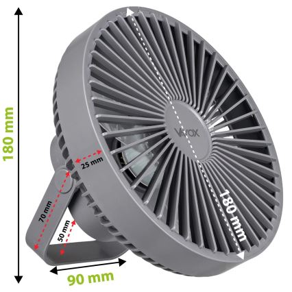 LED Nabíjací stolný ventilátor s LED osvetlením LED/2W/5V USB 2400 mAh šedá