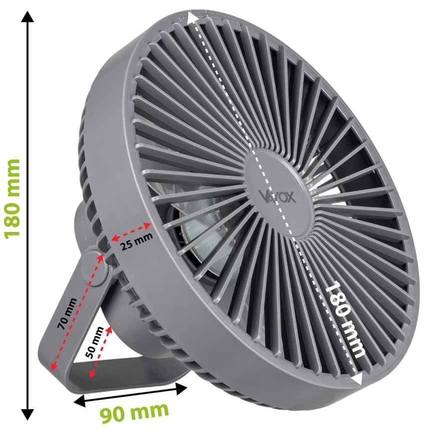 LED Nabíjací stolný ventilátor s LED osvetlením LED/2W/5V USB 2400 mAh šedá