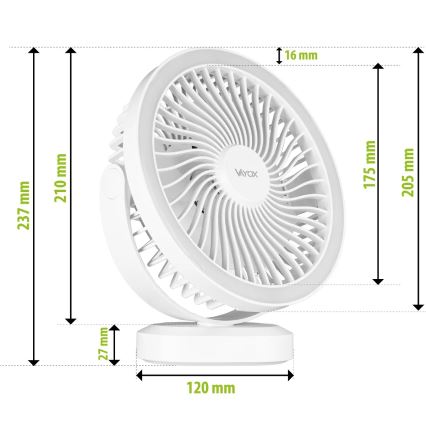 LED Nabíjací stolný ventilátor s LED osvetlením LED/3W/5V USB 2400 mAh biela