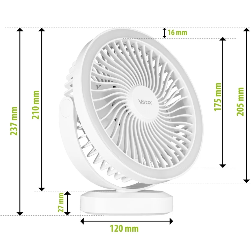 LED Nabíjací stolný ventilátor s LED osvetlením LED/3W/5V USB 2400 mAh biela