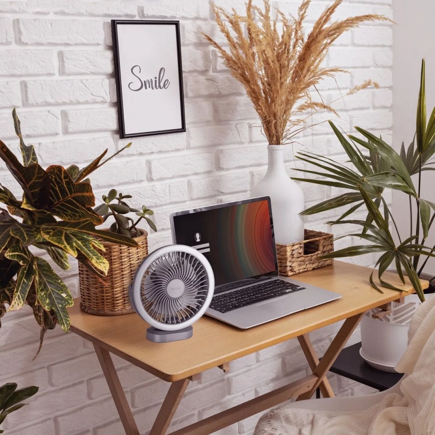 LED Nabíjací stolný ventilátor s LED osvetlením LED/3W/5V USB 2400 mAh šedá