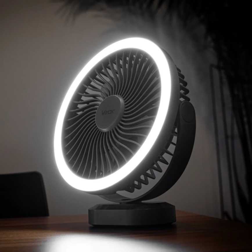 LED Nabíjací stolný ventilátor s LED osvetlením LED/3W/5V USB 2400 mAh šedá