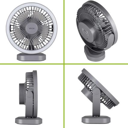 LED Nabíjací stolný ventilátor s LED osvetlením LED/3W/5V USB 2400 mAh šedá