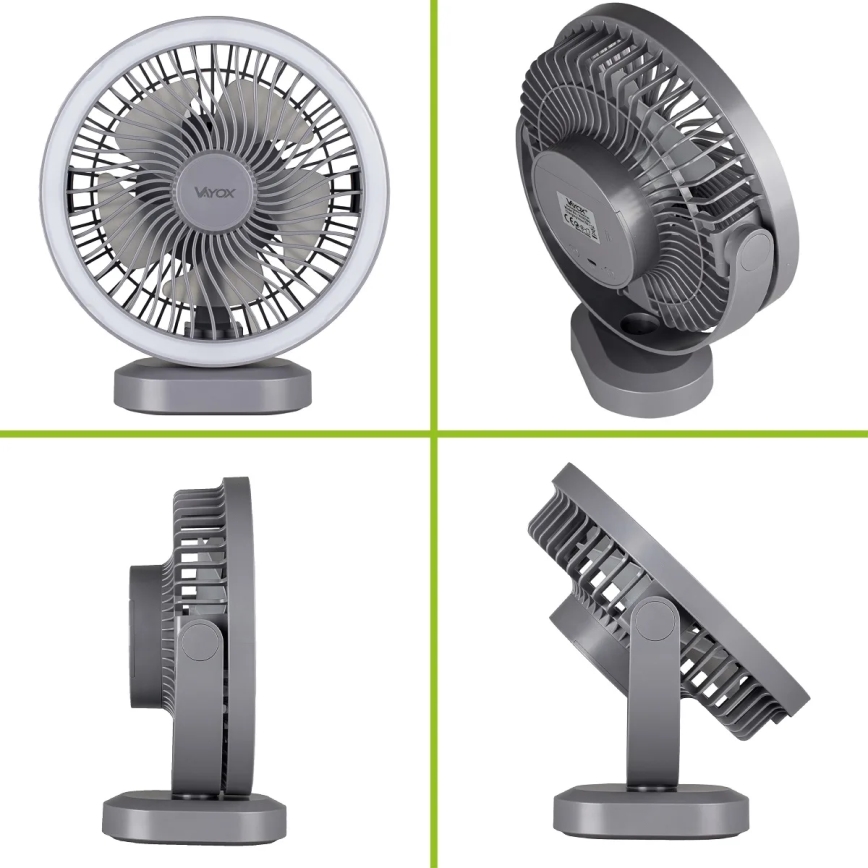 LED Nabíjací stolný ventilátor s LED osvetlením LED/3W/5V USB 2400 mAh šedá