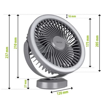 LED Nabíjací stolný ventilátor s LED osvetlením LED/3W/5V USB 2400 mAh šedá