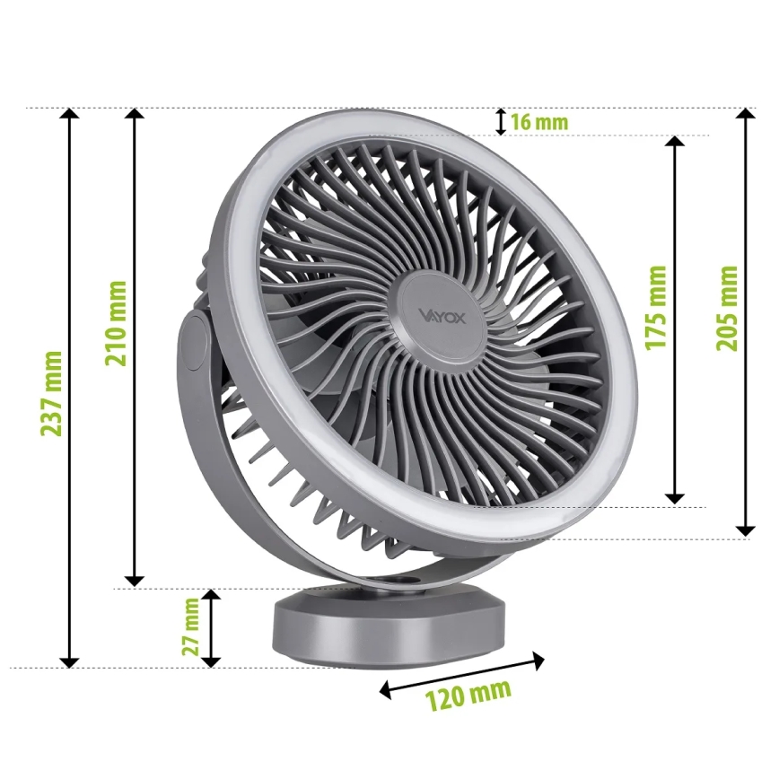 LED Nabíjací stolný ventilátor s LED osvetlením LED/3W/5V USB 2400 mAh šedá