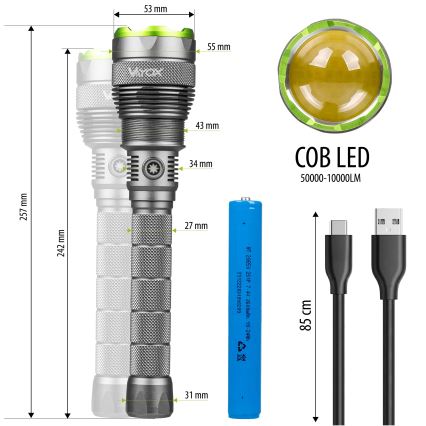 LED Stmievateľná nabíjacia baterka s funkciou powerbanky LED/5V IPX7 10000 lm 2600 mAh