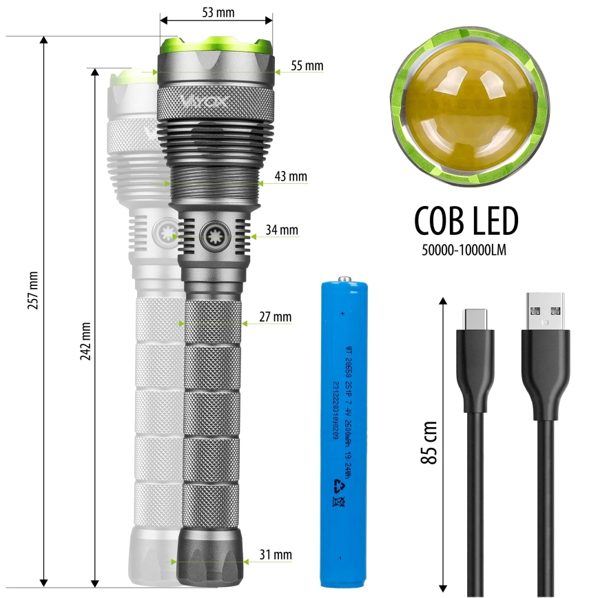 LED Stmievateľná nabíjacia baterka s funkciou powerbanky LED/5V IPX7 10000 lm 2600 mAh