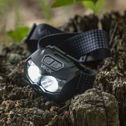 LED Stmievateľná nabíjacia čelovka so senzorom a červeným svetlom 2xLED/5W/5V/3xAAA IP65 500 lm 1200 mAh