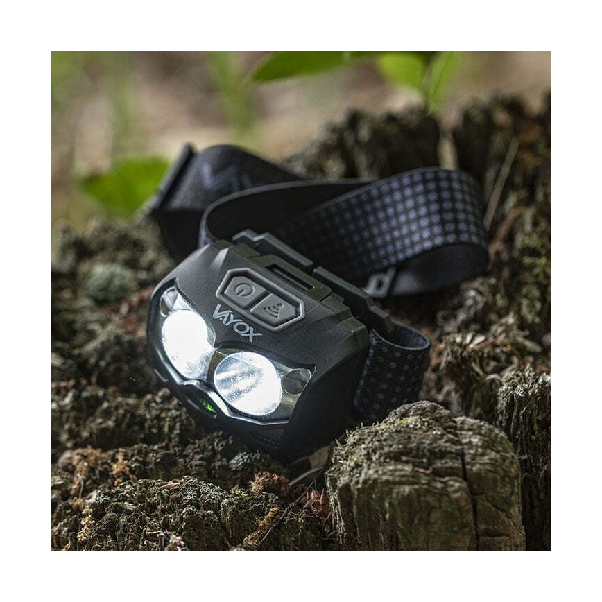 LED Stmievateľná nabíjacia čelovka so senzorom a červeným svetlom 2xLED/5W/5V/3xAAA IP65 500 lm 1200 mAh