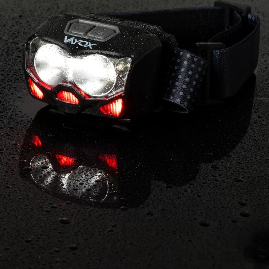 LED Stmievateľná nabíjacia čelovka so senzorom a červeným svetlom 2xLED/5W/5V/3xAAA IP65 500 lm 1200 mAh