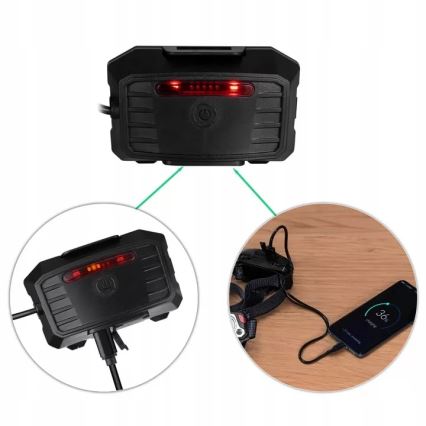 LED Stmievateľná nabíjacia čelovka so senzorom s funkciou powerbanky a červeným svetlom LED/10W/5V IP44 1200 lm 4000 mAh