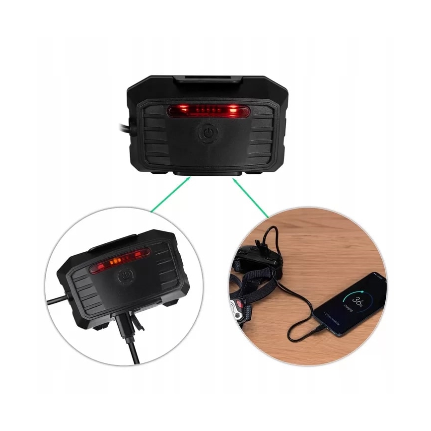 LED Stmievateľná nabíjacia čelovka so senzorom s funkciou powerbanky a červeným svetlom LED/10W/5V IP44 1200 lm 4000 mAh
