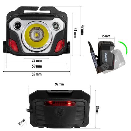 LED Stmievateľná nabíjacia čelovka so senzorom s funkciou powerbanky a červeným svetlom LED/10W/5V IP44 1200 lm 4000 mAh