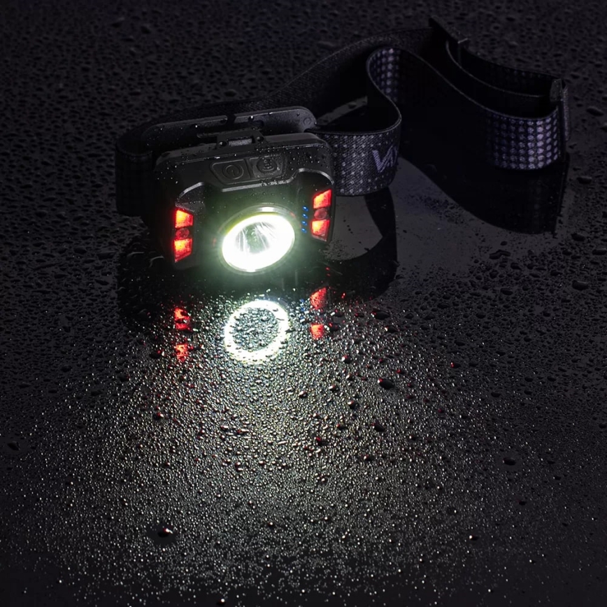 LED Stmievateľná nabíjacia čelovka so senzorom a červeným svetlom LED/15W/5V IP66 430 lm 1800 mAh