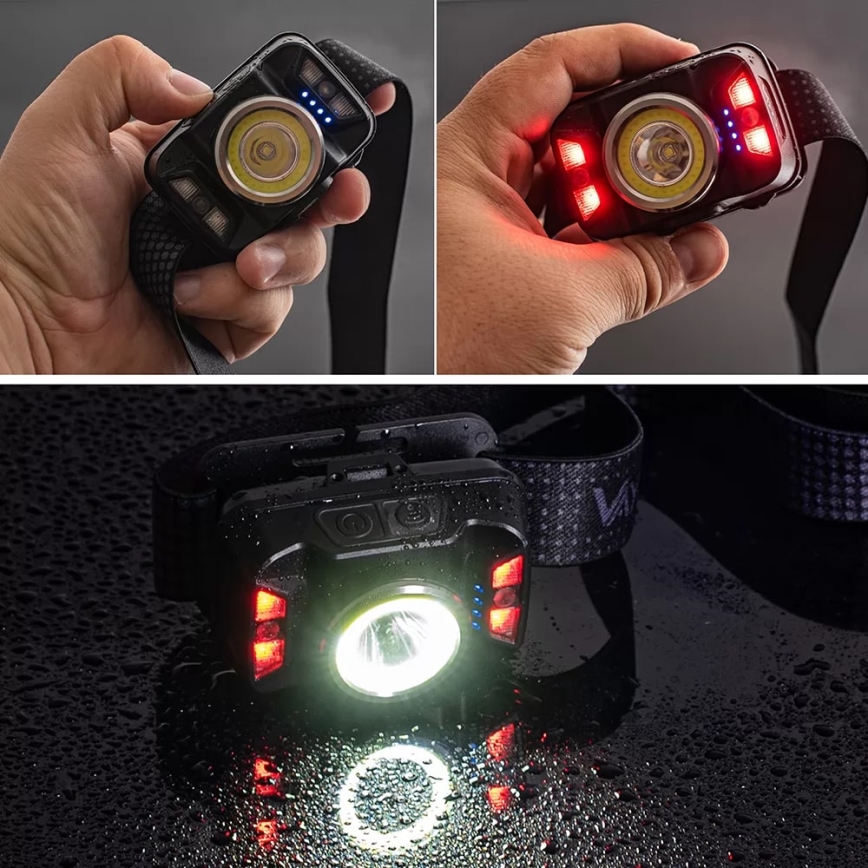 LED Stmievateľná nabíjacia čelovka so senzorom a červeným svetlom LED/15W/5V IP66 430 lm 1800 mAh