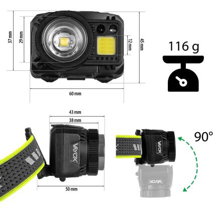 LED stmievateľná nabíjateľná čelovka so snímačom a červeným svetlom LED/6W/5V/3xAAA IP66 500 lm 1200 mAh