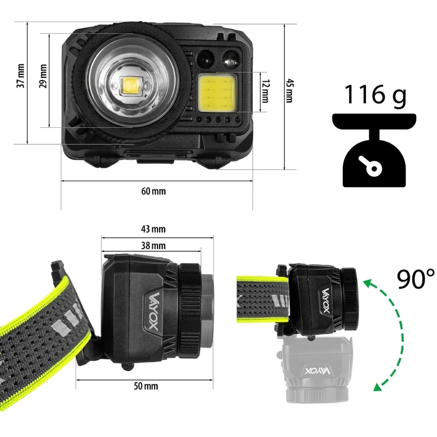 LED stmievateľná nabíjateľná čelovka so snímačom a červeným svetlom LED/6W/5V/3xAAA IP66 500 lm 1200 mAh