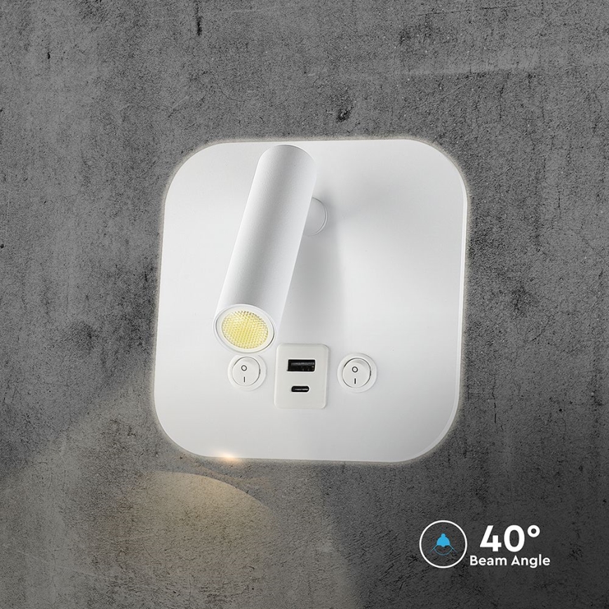 LED nástenné bodové svietidlo s USB portom LED/8W/230V 3000K biela