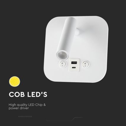 LED nástenné bodové svietidlo s USB portom LED/8W/230V 3000K biela