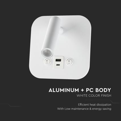 LED nástenné bodové svietidlo s USB portom LED/8W/230V 3000K biela